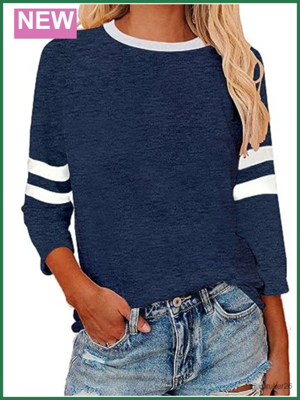 Womens 3/4 Sleeve Crewneck Patchwork Blouse Casual Loose Comfy T-Shirt